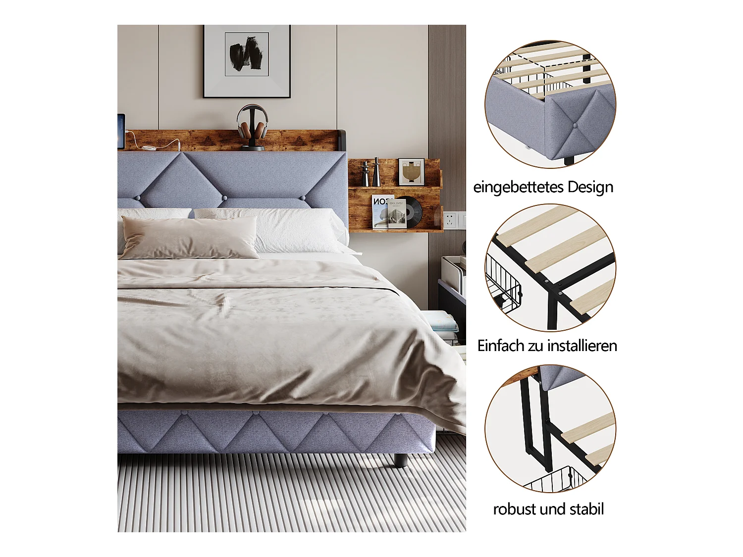 Lit Double 140x200, Cadre de Lits avec 4 tiroirs et sommier à Lattes, Ports USB et Type-C, Rangement sous Le lit