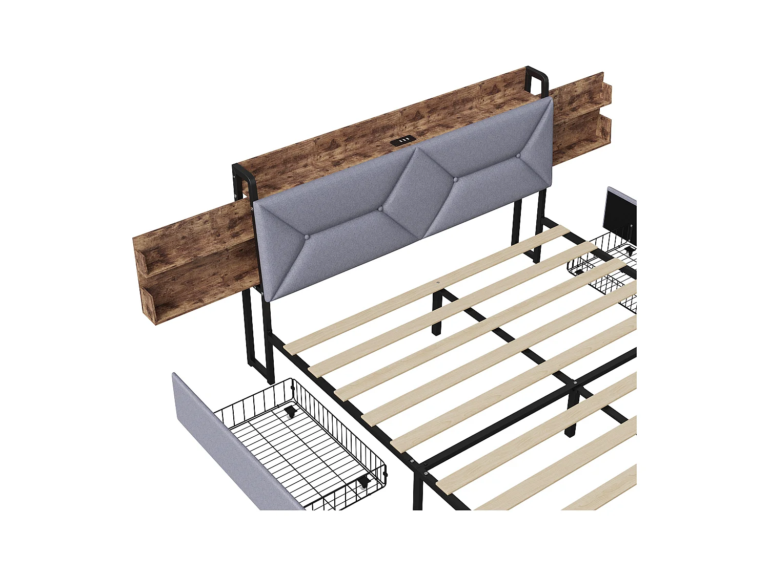 Lit Double 140x200, Cadre de Lits avec 4 tiroirs et sommier à Lattes, Ports USB et Type-C, Rangement sous Le lit