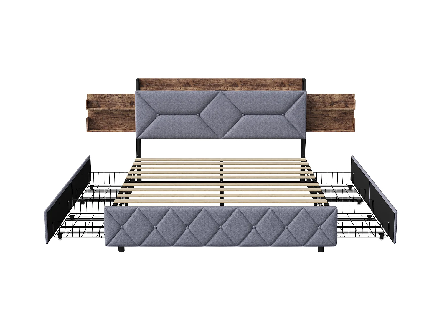 Lit Double 140x200, Cadre de Lits avec 4 tiroirs et sommier à Lattes, Ports USB et Type-C, Rangement sous Le lit