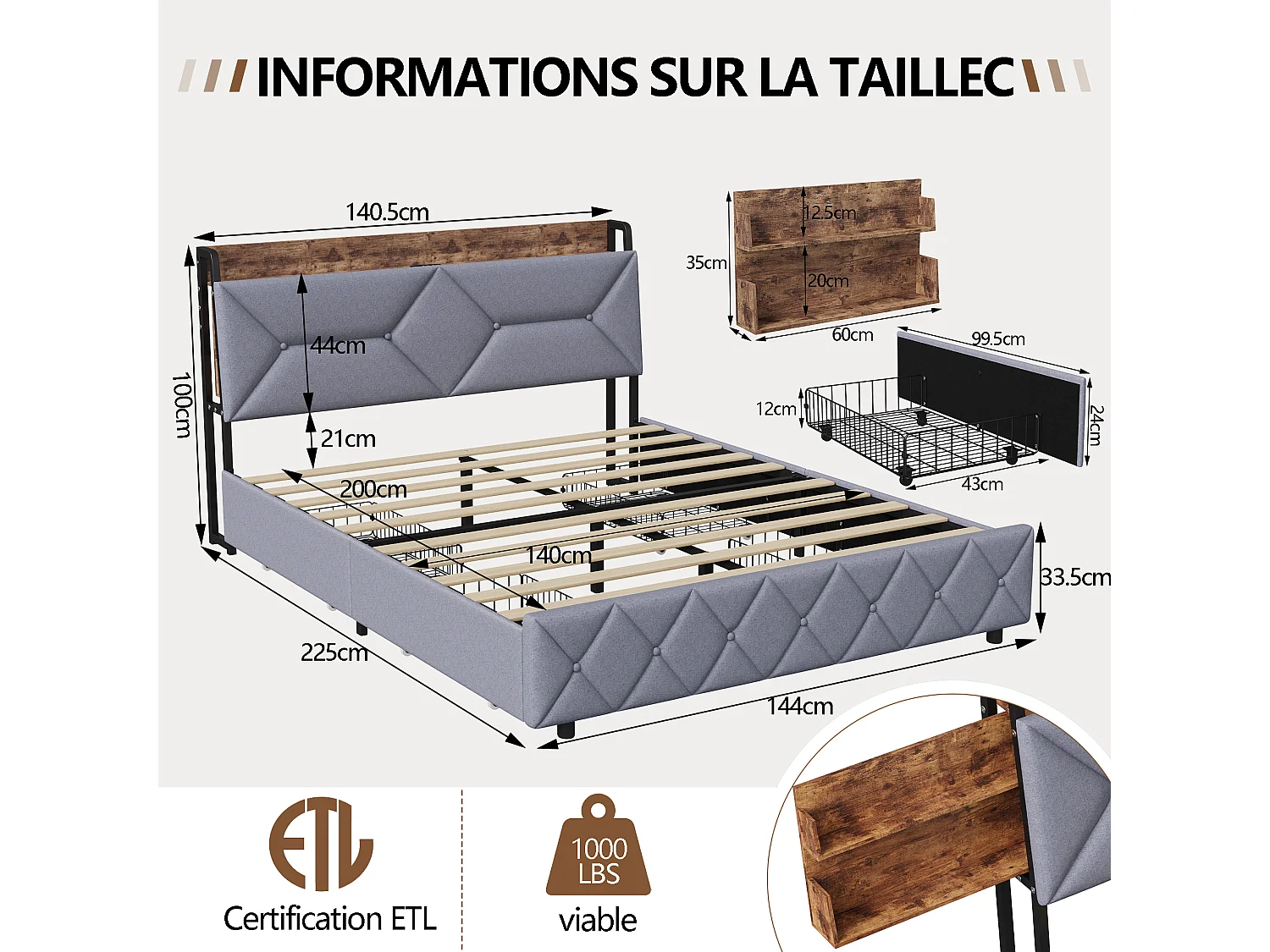Lit adulte 140×200cm en bois + Lin - avec 4 tiroirs et sommier à Lattes - Ports USB et Type-C - Rangement et Tête de lit rembourrée