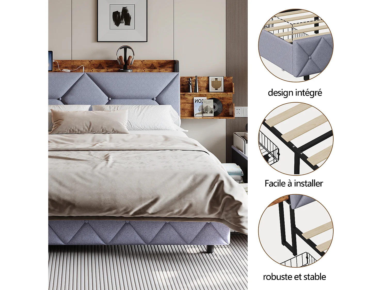 Lit adulte 140×200cm en bois + Lin - avec 4 tiroirs et sommier à Lattes - Ports USB et Type-C - Rangement et Tête de lit rembourrée