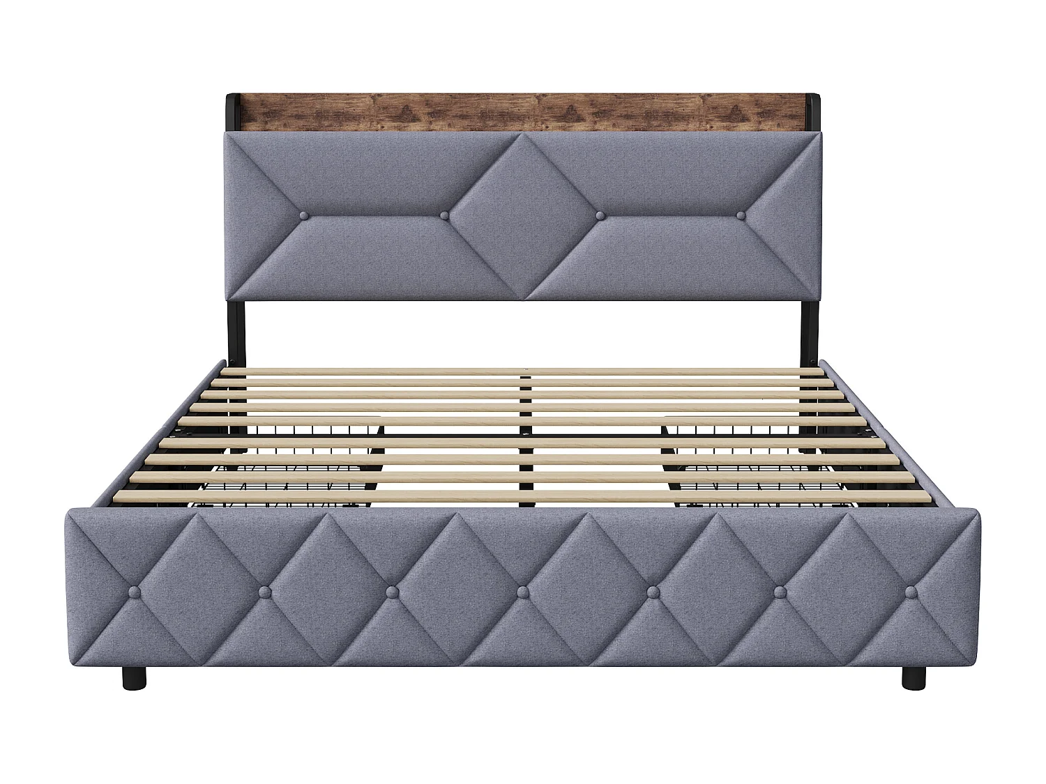 Lit adulte 140×200cm en bois + Lin - avec 4 tiroirs et sommier à Lattes - Ports USB et Type-C - Rangement et Tête de lit rembourrée