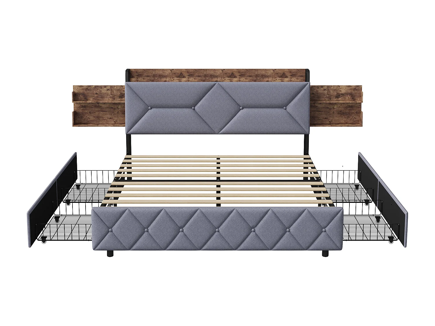 Lit adulte 140×200cm en bois + Lin - avec 4 tiroirs et sommier à Lattes - Ports USB et Type-C - Rangement et Tête de lit rembourrée