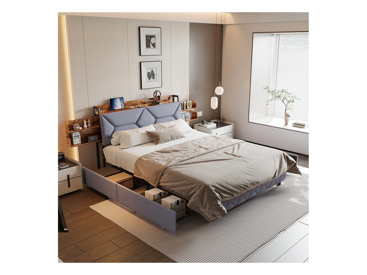 Lit Double 140x200, Cadre de Lits avec 4 tiroirs et sommier à Lattes, Ports USB et Type-C, Rangement sous Le lit