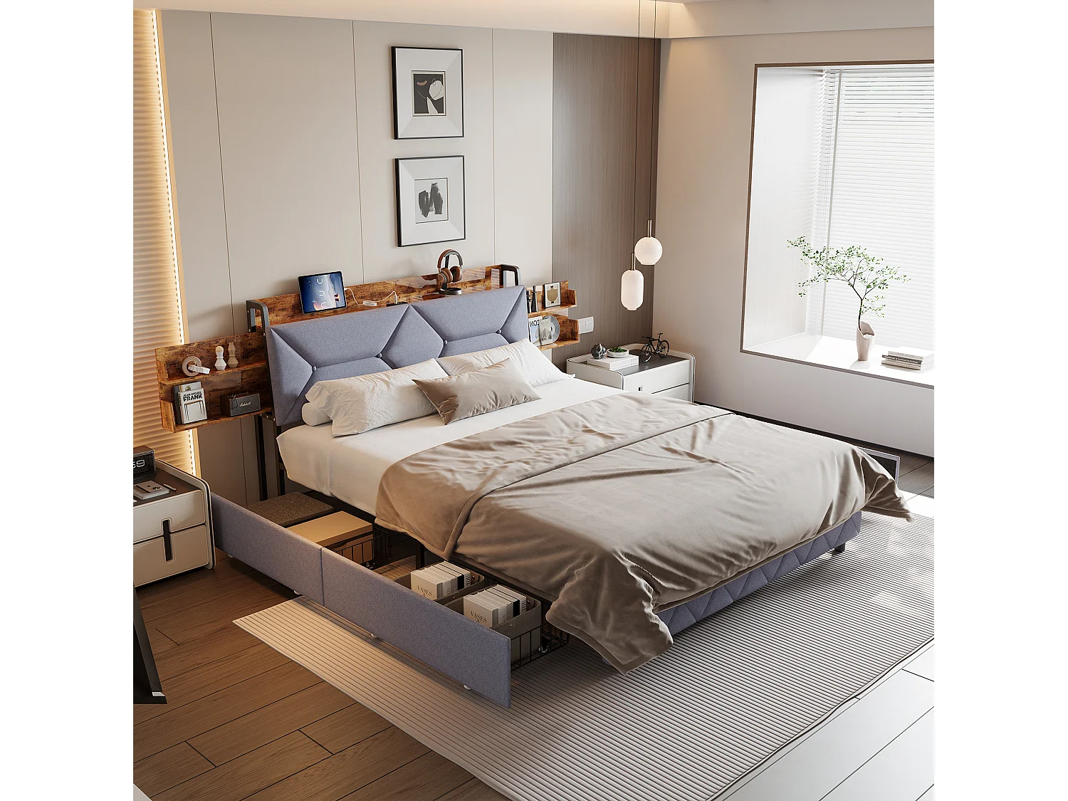 Lit adulte 140×200cm en bois + Lin - avec 4 tiroirs et sommier à Lattes - Ports USB et Type-C - Rangement et Tête de lit rembourrée