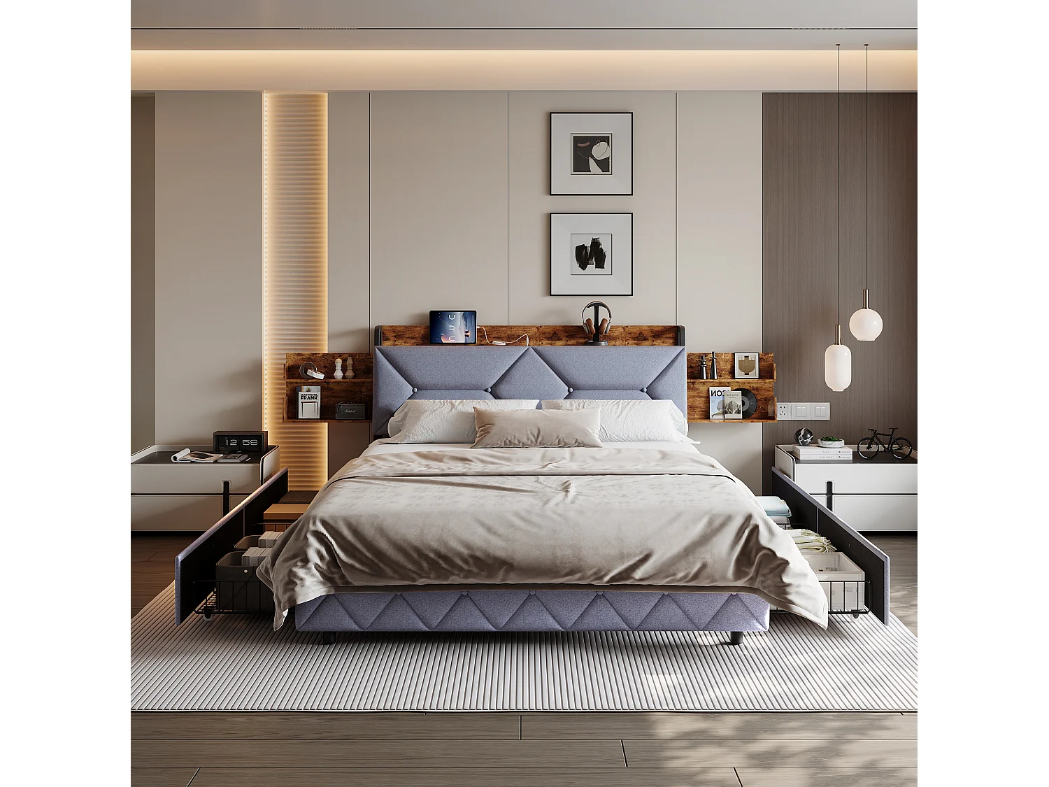 Lit adulte 140×200cm en bois + Lin - avec 4 tiroirs et sommier à Lattes - Ports USB et Type-C - Rangement et Tête de lit rembourrée