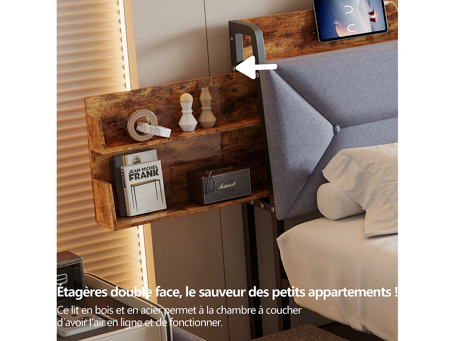 Lit adulte 140×200cm en bois + Lin - avec 4 tiroirs et sommier à Lattes - Ports USB et Type-C - Rangement et Tête de lit rembourrée