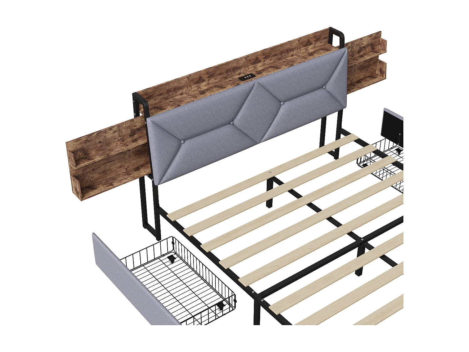 Lit adulte 140×200cm en bois + Lin - avec 4 tiroirs et sommier à Lattes - Ports USB et Type-C - Rangement et Tête de lit rembourrée