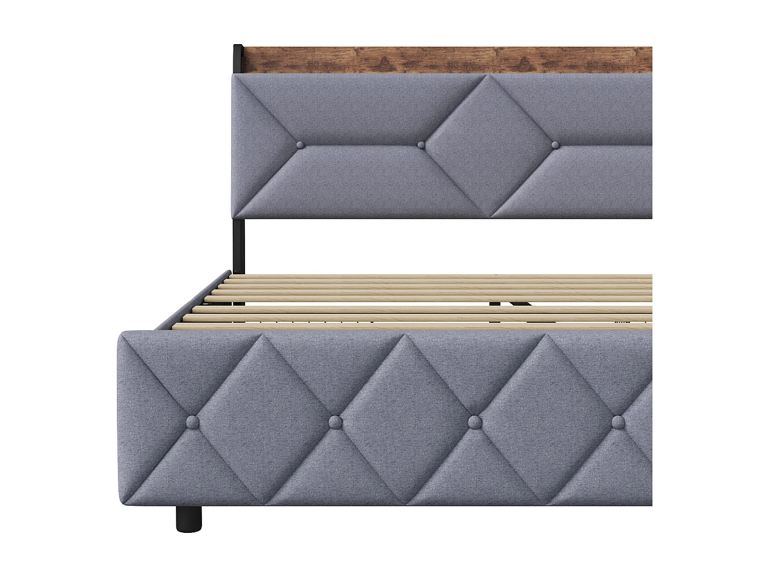 Lit adulte 140×200cm en bois + Lin - avec 4 tiroirs et sommier à Lattes - Ports USB et Type-C - Rangement et Tête de lit rembourrée