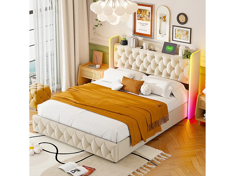 Lit Coffre 140 x 200 cm, avec éclairage LED et Charge USB, Lit Double Rembourré avec Rangement et Tete de lit, Velours, Beige
