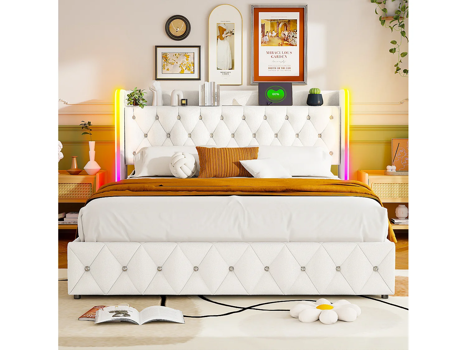 Lit Coffre 140 x 200 cm - avec éclairage LED et Charge USB - Lit Double Rembourré avec Rangement et Tete de lit - Velours - Beige