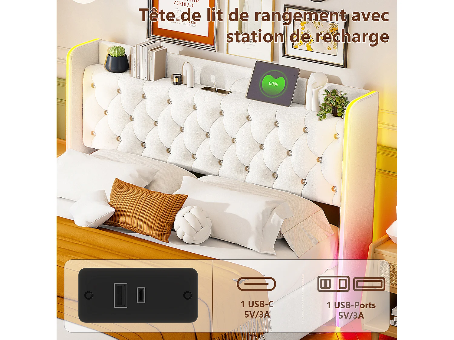 Lit Coffre 140 x 200 cm - avec éclairage LED et Charge USB - Lit Double Rembourré avec Rangement et Tete de lit - Velours - Beige