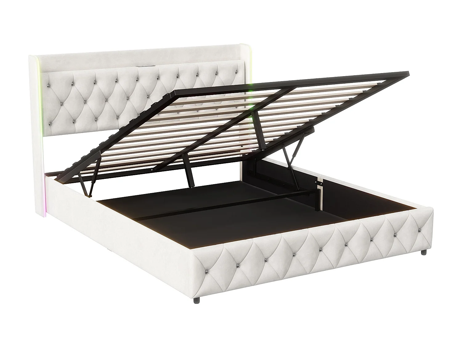 Lit Coffre 140 x 200 cm - avec éclairage LED et Charge USB - Lit Double Rembourré avec Rangement et Tete de lit - Velours - Beige