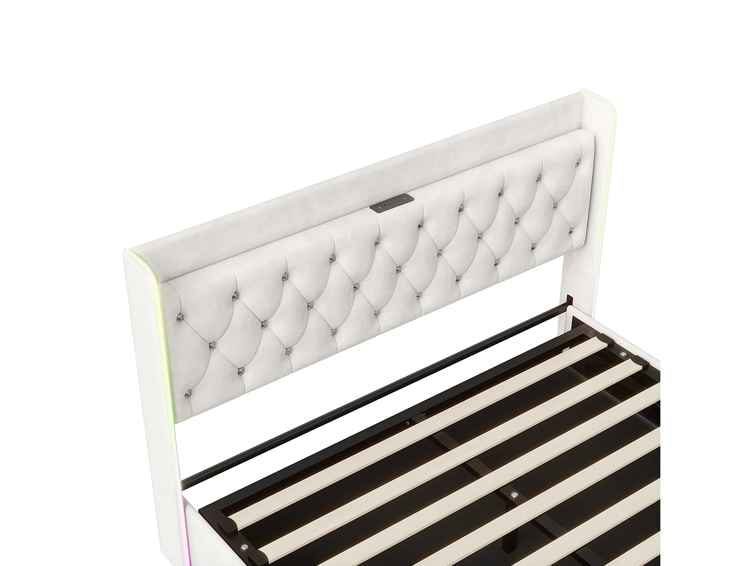 Lit Coffre 140 x 200 cm - avec éclairage LED et Charge USB - Lit Double Rembourré avec Rangement et Tete de lit - Velours - Beige