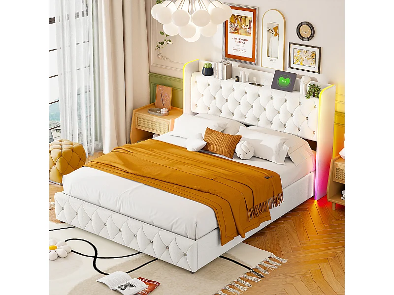 Lit Coffre 140 x 200 cm - avec éclairage LED et Charge USB - Lit Double Rembourré avec Rangement et Tete de lit - Velours - Beige