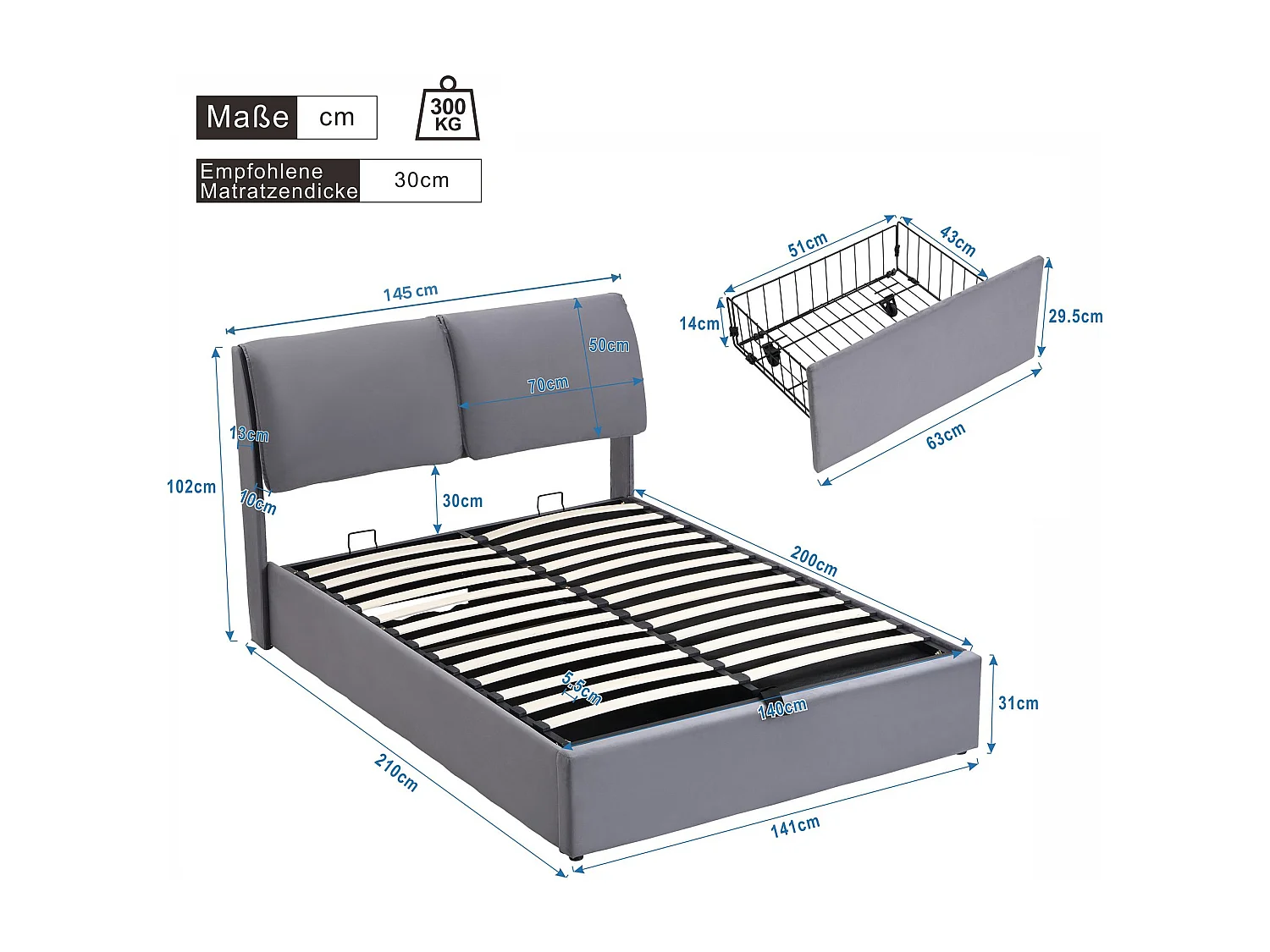 Lit coffre moderne 140 x 200 cm, 3 tiroirs, sommier à lattes, tête de lit, velours gris, sans matelas