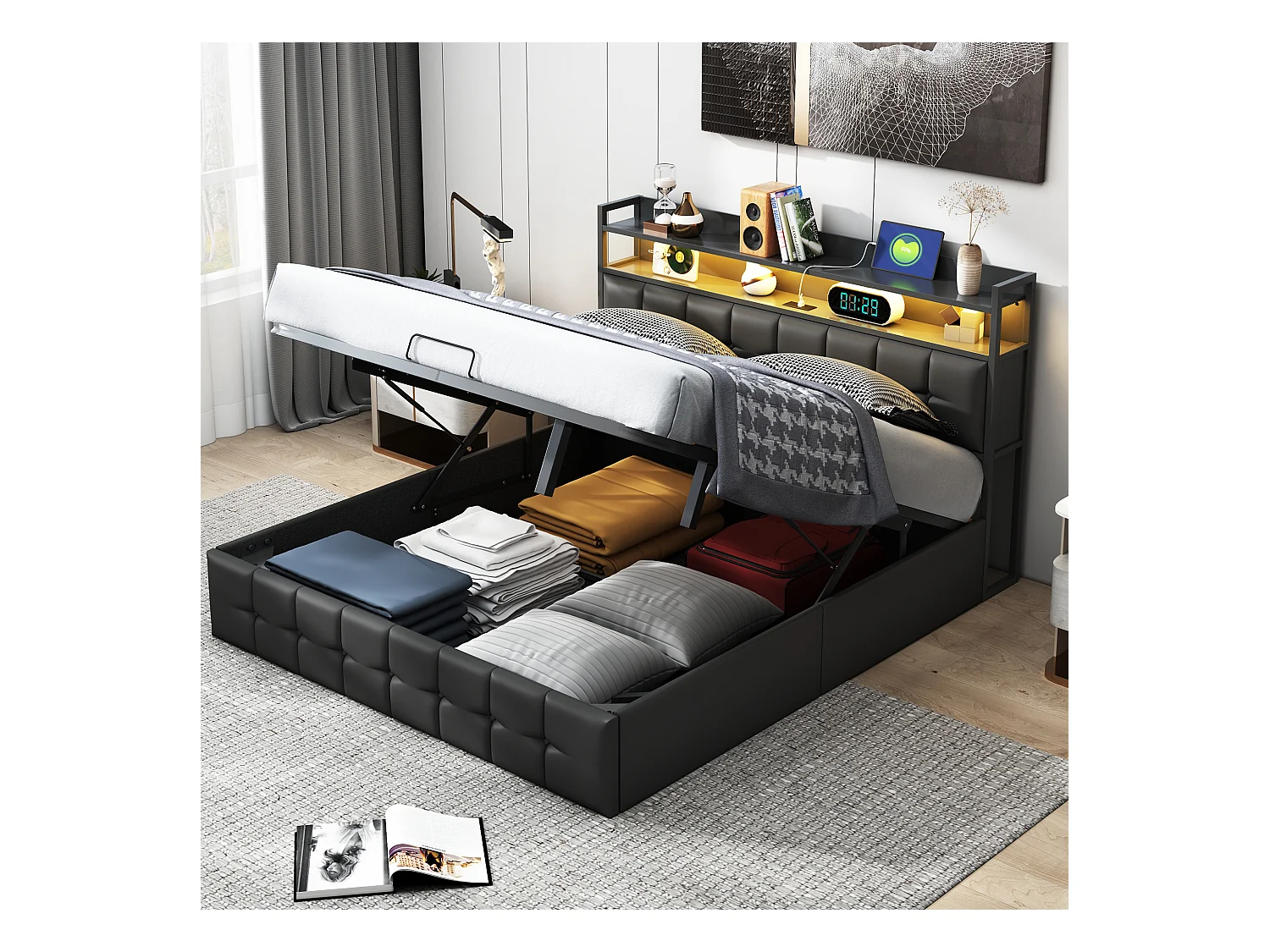 Lit Coffre 160 x 200, Lit Double avec LED et Charge USB, avec espace de rangement, Tete de lit avec Compartiment de Rangement,tissu en PU