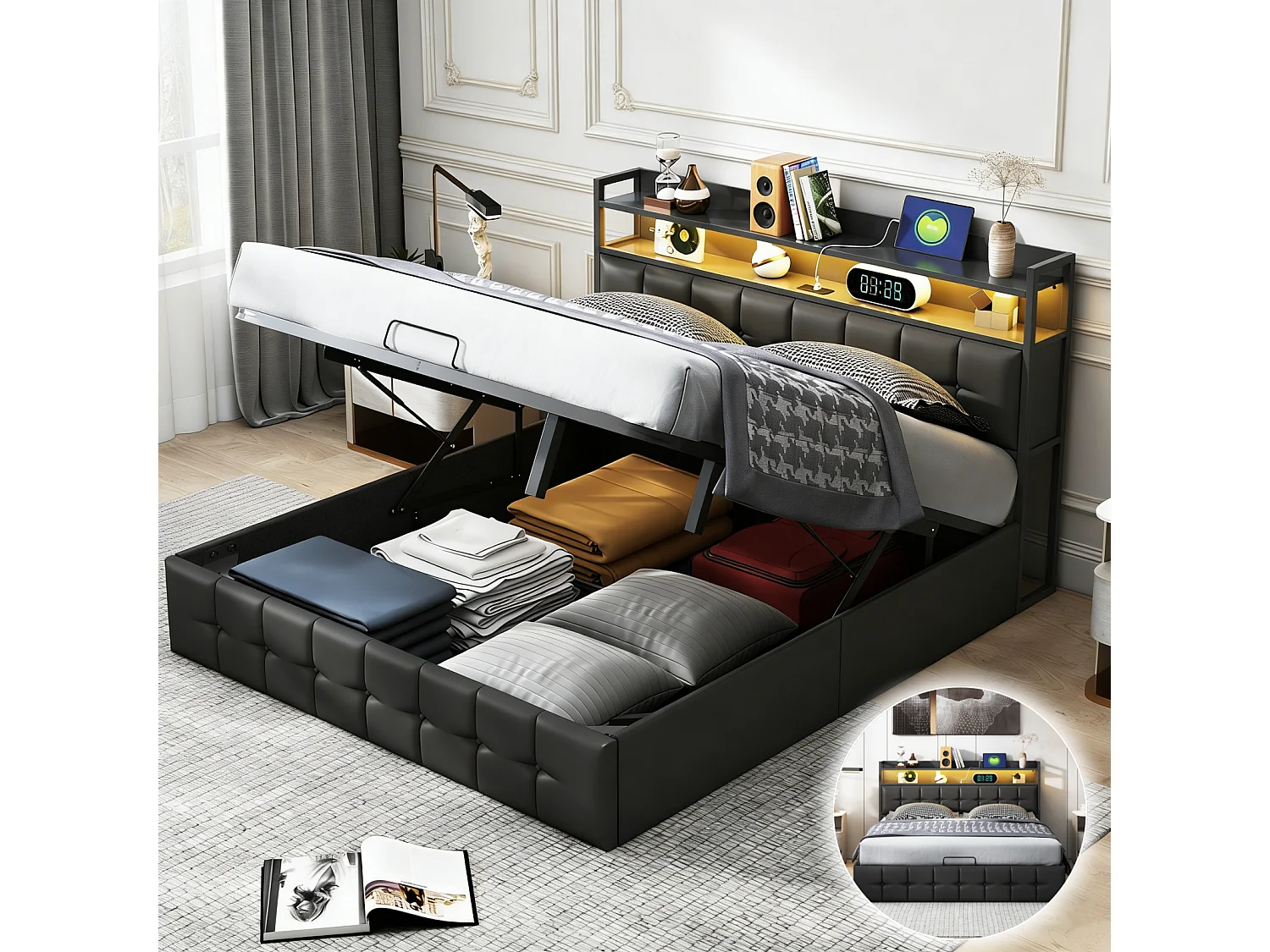 Cama con almacenaje 160x200, Cama doble con LED y carga USB, con espacio de almacenamiento, Cabecero con compartimento de almacenamiento, Tejido PU