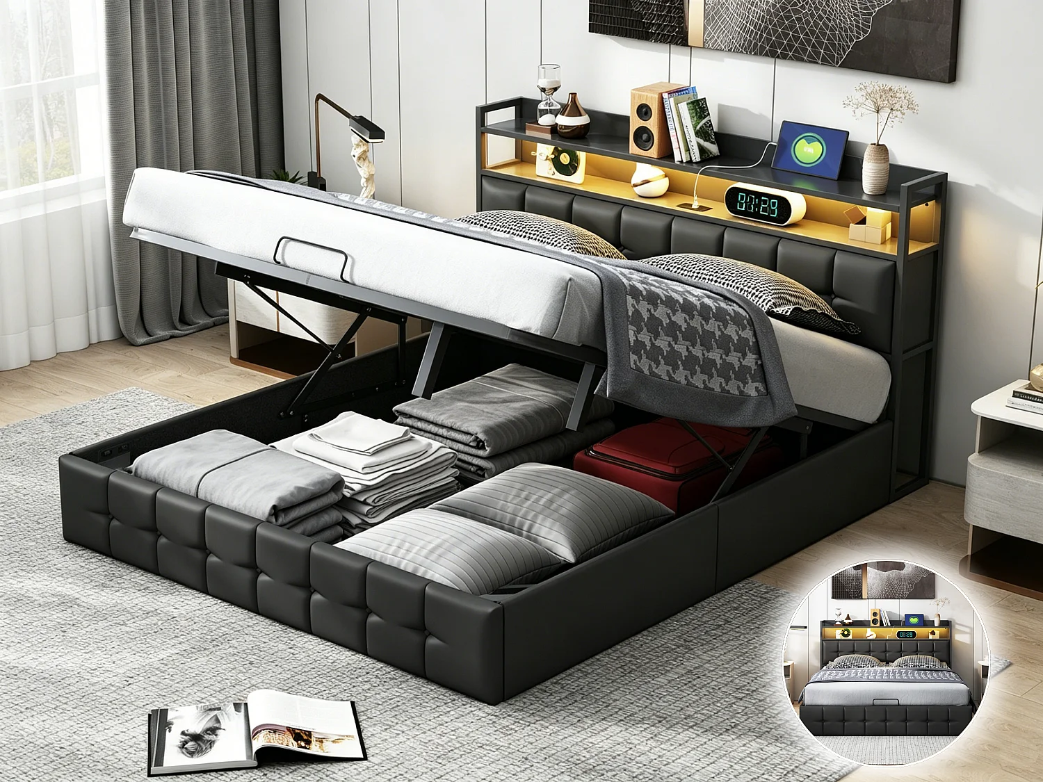 Cama com arrumação 160 x 200, cama de casal com LED e carregamento USB, com espaço de arrumação, cabeceira com compartimento de arrumação, tecido PU