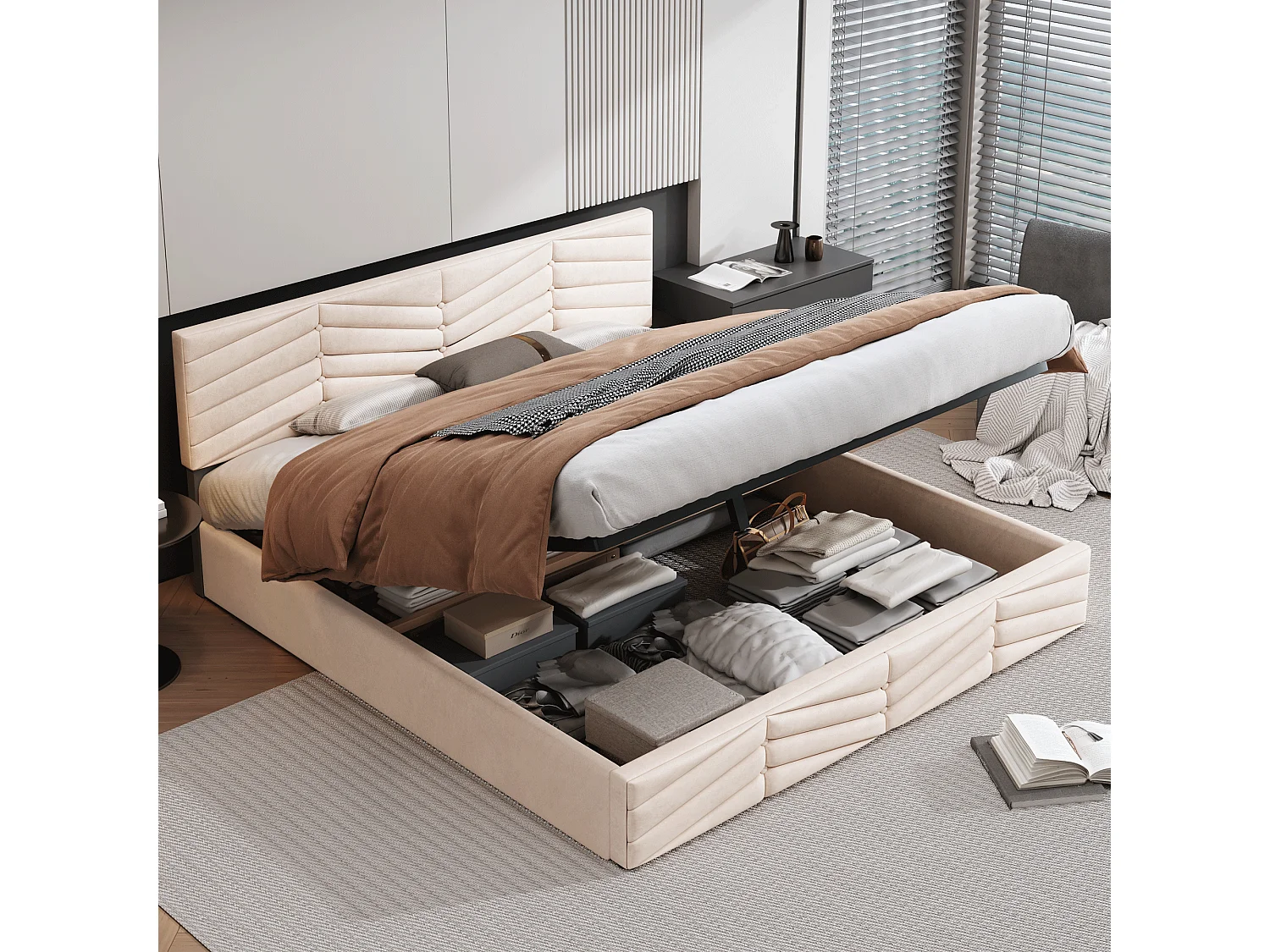 Lit coffre double 160 x 200 cm, lit continental, tête de lit réglable en hauteur, velours beige, sans matelas