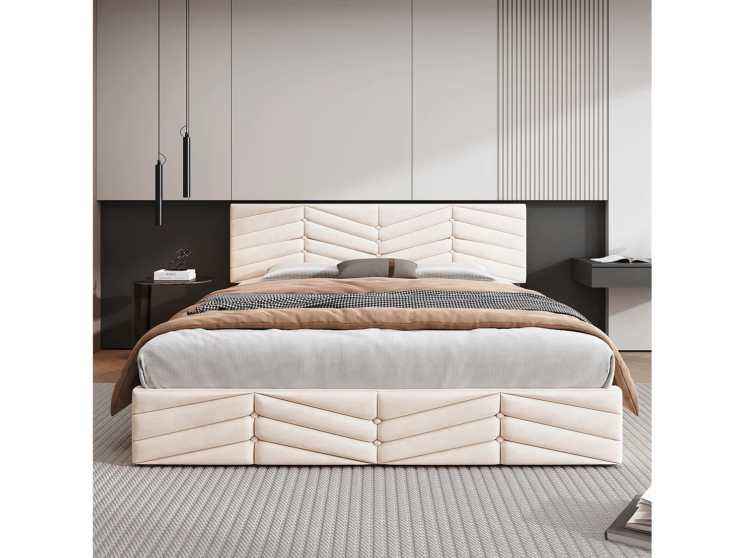 Lit coffre double 140 x 190 cm, lit continental, tête de lit réglable en hauteur, velours beige, sans matelas