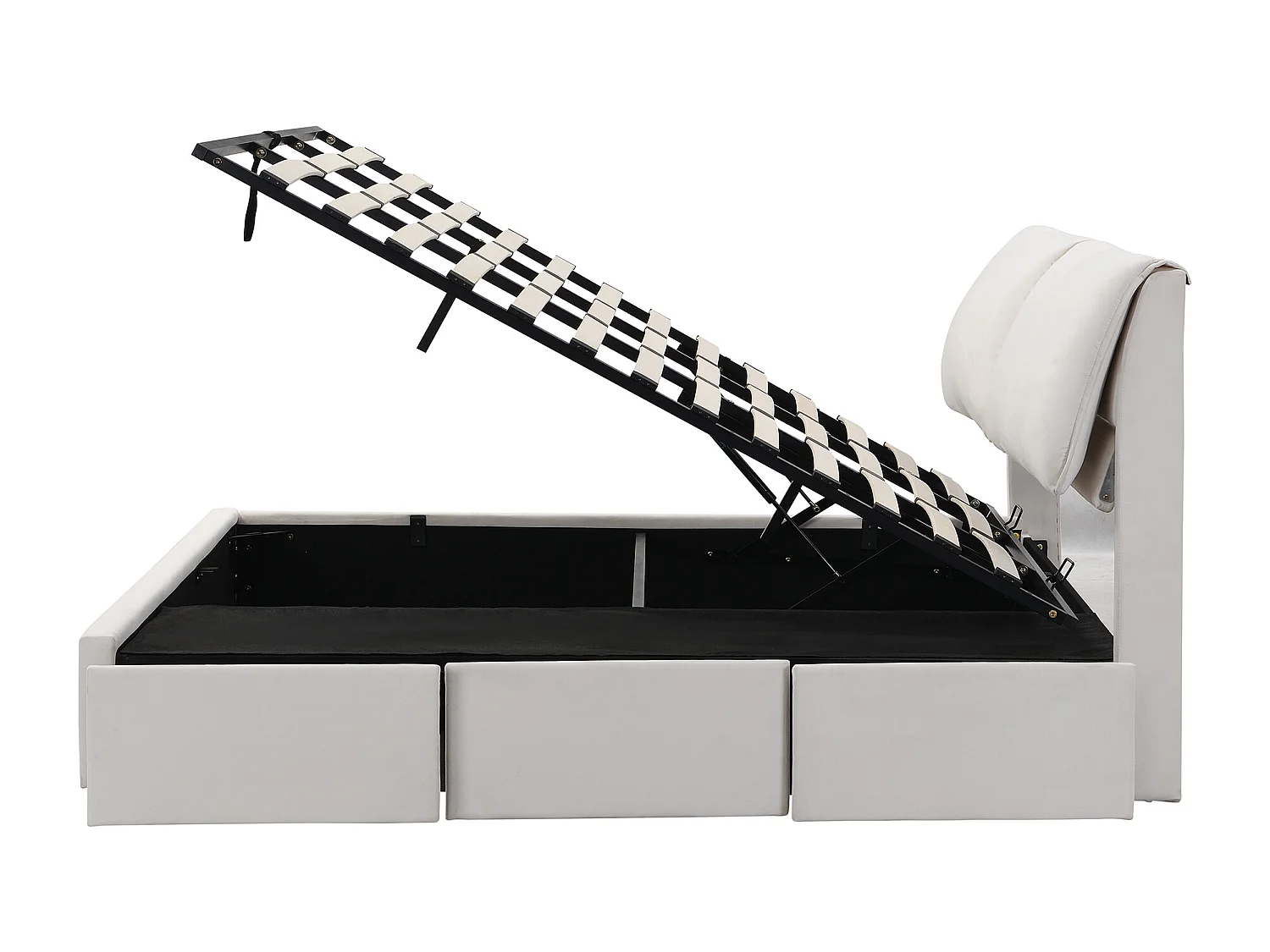 Lit coffre moderne180 x 200 cm, tiroirs, sommier à lattes, tête de lit, velours beige, sans matelas