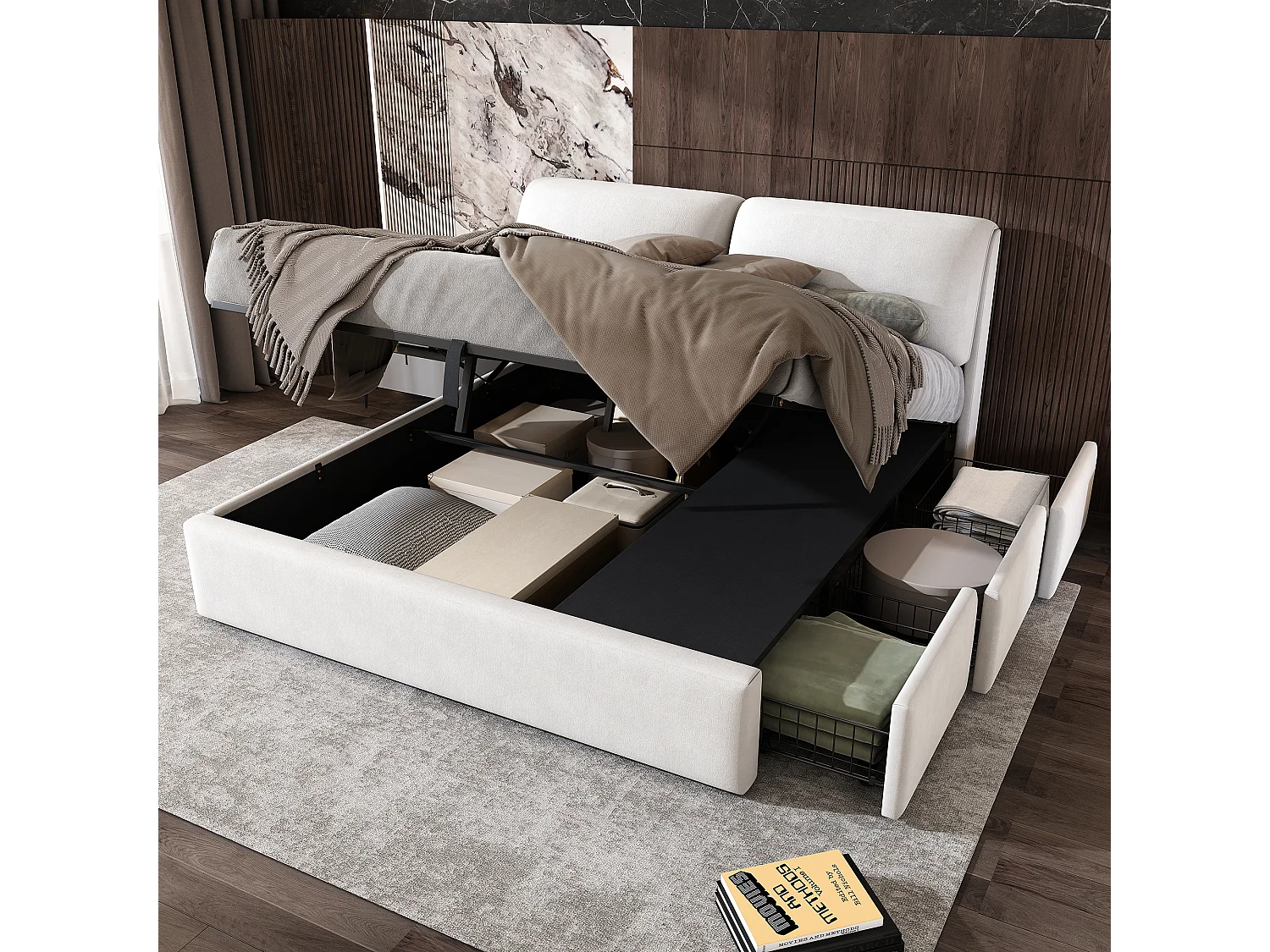 Lit coffre moderne180 x 200 cm, tiroirs, sommier à lattes, tête de lit, velours beige, sans matelas