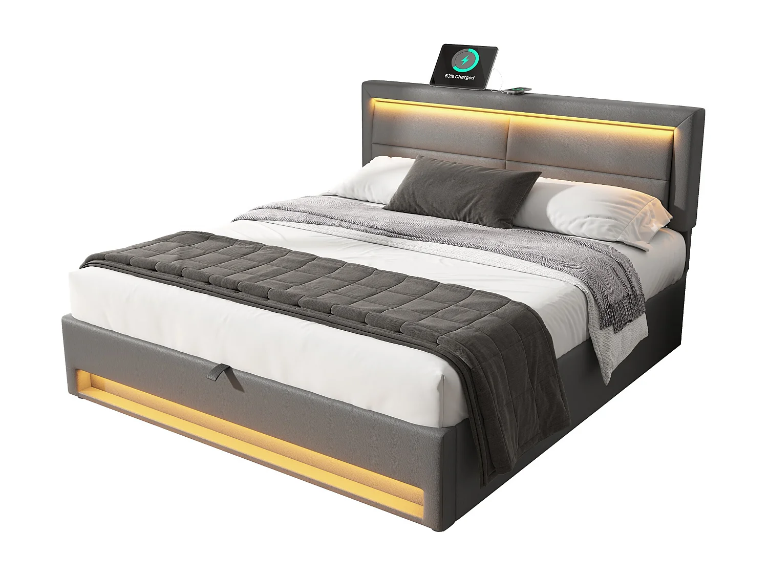 Lit coffre 160 x 200 cm, port USB, chargement sans fil et filaire, LED et rangement, PU gris, sans matelas