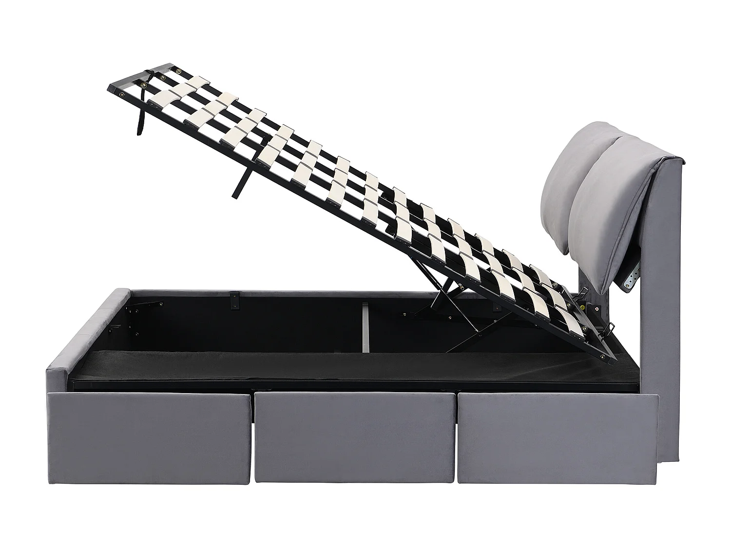 Lit coffre moderne180 x 200 cm, tiroirs, sommier à lattes, tête de lit, velours gris, sans matelas