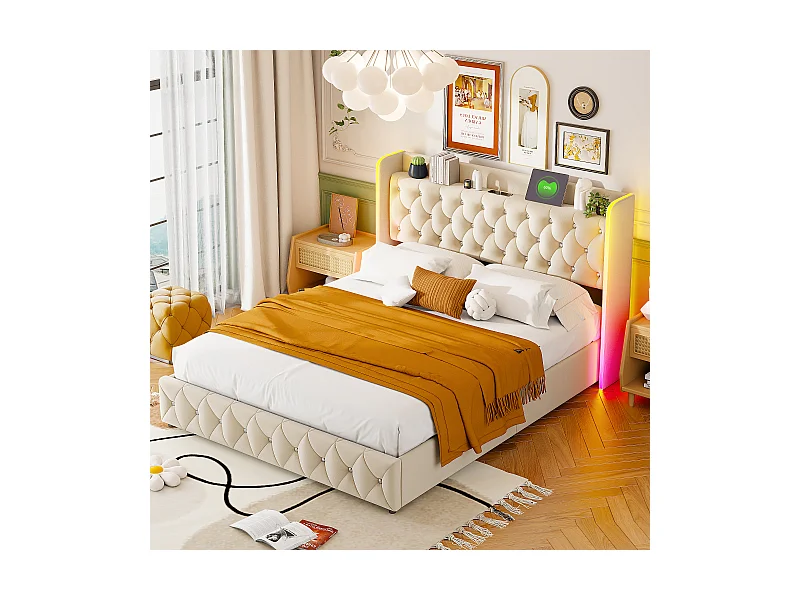 Lit Coffre 160 x 200 cm, avec éclairage LED et Charge USB, Lit Double Rembourré avec Rangement et Tete de lit, Velours, Beige