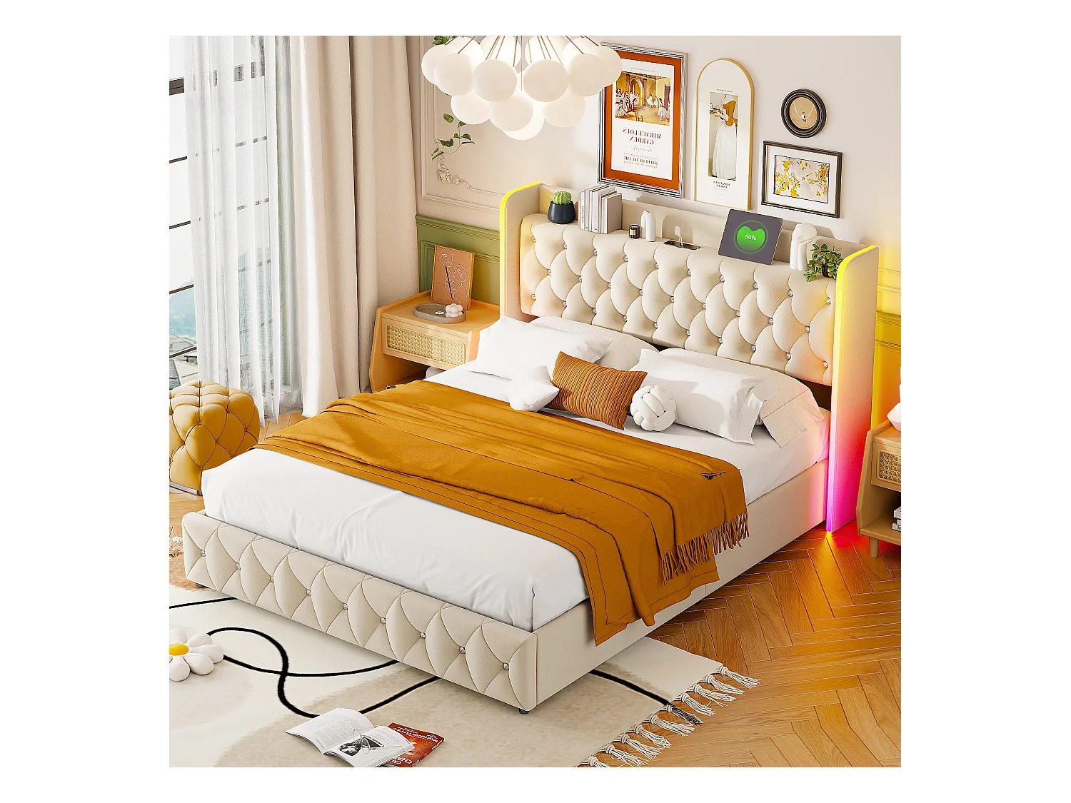 Lit Coffre 160 x 200 cm, avec éclairage LED et Charge USB, Lit Double Rembourré avec Rangement et Tete de lit, Velours, Beige