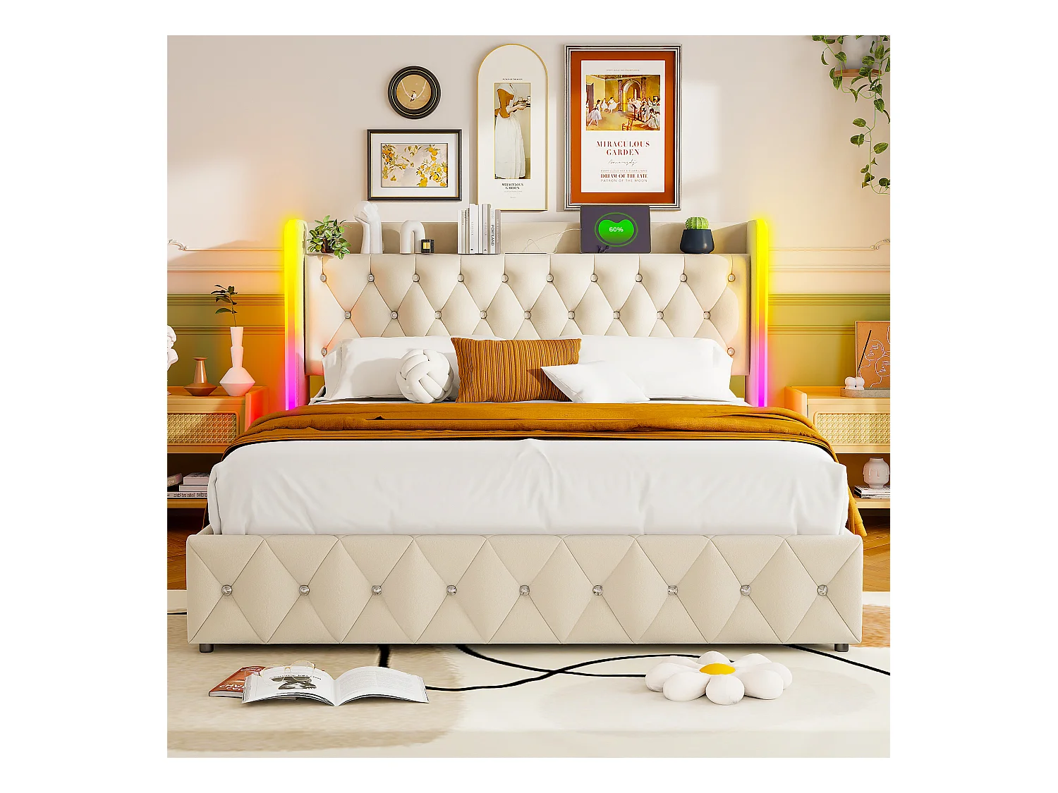 Lit Coffre 160 x 200 cm, avec éclairage LED et Charge USB, Lit Double Rembourré avec Rangement et Tete de lit, Velours, Beige