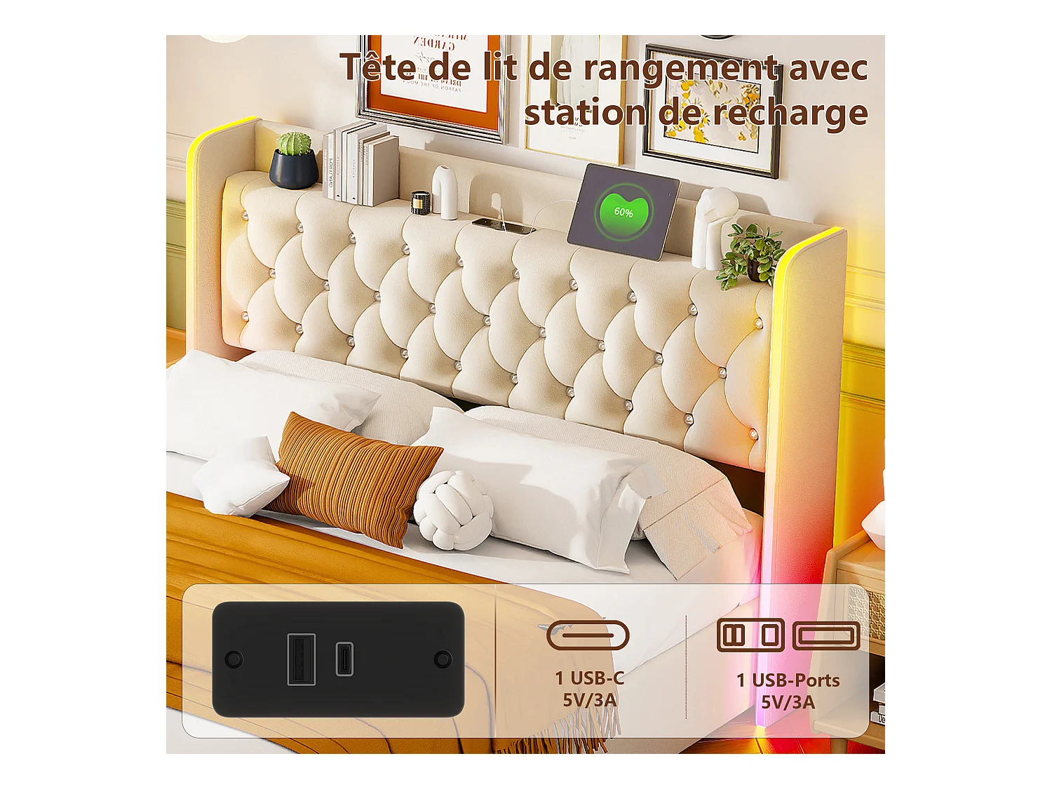 Lit Coffre 160 x 200 cm, avec éclairage LED et Charge USB, Lit Double Rembourré avec Rangement et Tete de lit, Velours, Beige