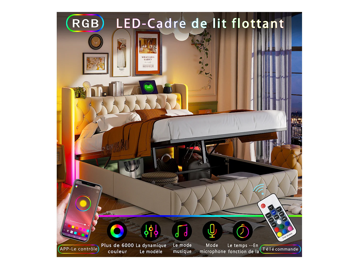 Lit Coffre 160 x 200 cm, avec éclairage LED et Charge USB, Lit Double Rembourré avec Rangement et Tete de lit, Velours, Beige