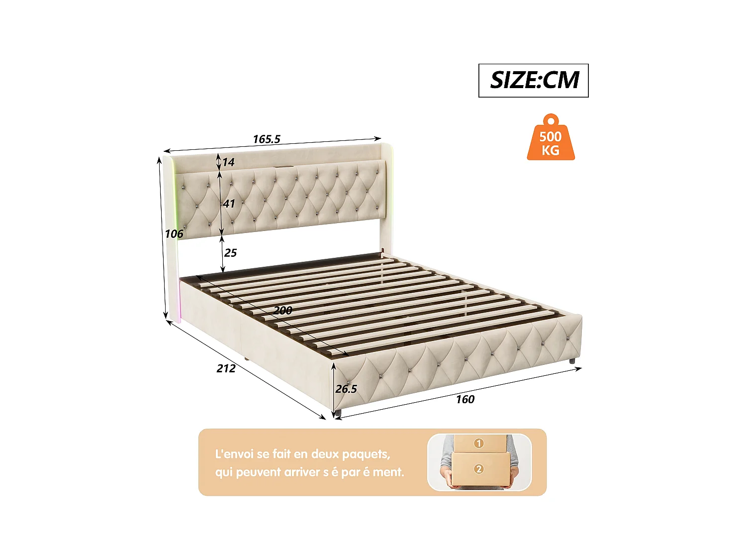 Lit Coffre 160 x 200 cm, avec éclairage LED et Charge USB, Lit Double Rembourré avec Rangement et Tete de lit, Velours, Beige