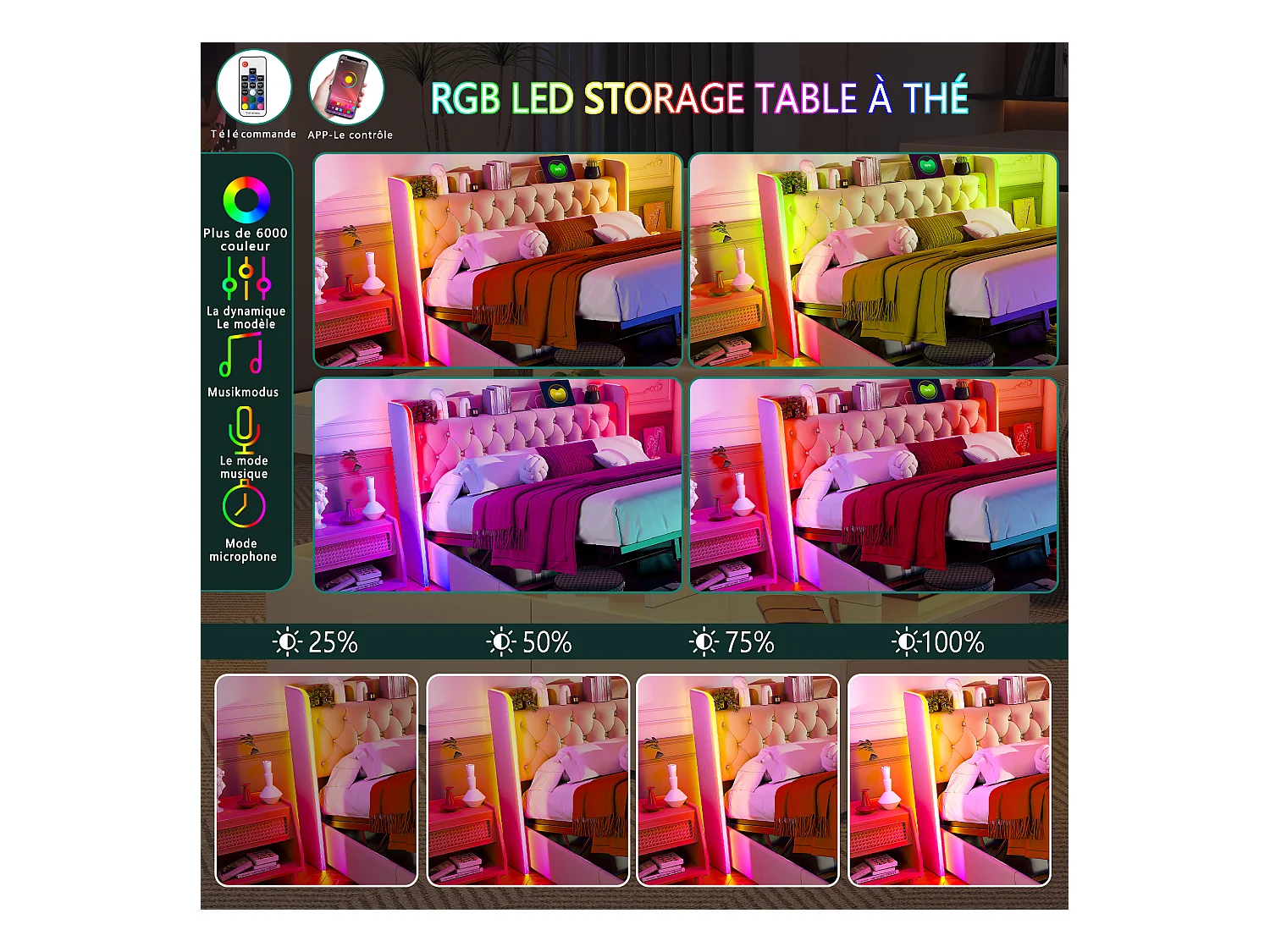 Lit Coffre 160 x 200 cm, avec éclairage LED et Charge USB, Lit Double Rembourré avec Rangement et Tete de lit, Velours, Beige