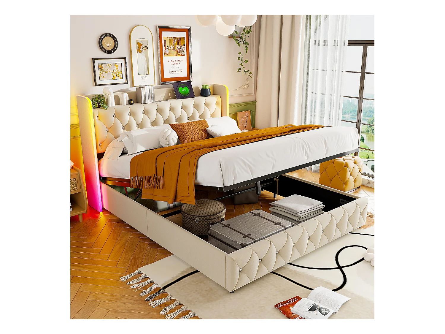 Lit Coffre 160 x 200 cm, avec éclairage LED et Charge USB, Lit Double Rembourré avec Rangement et Tete de lit, Velours, Beige