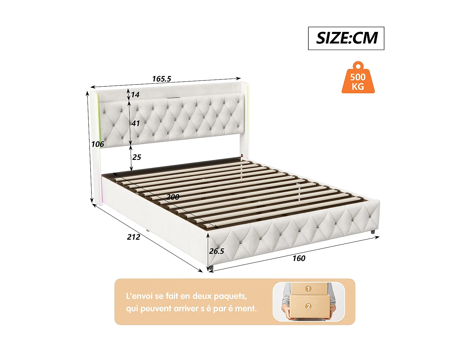 Lit Coffre 160 x 200 cm - LED - Recharge USB et Type-C - Velours - Beige - Lit Double Rembourré avec Rangement et Tete de lit