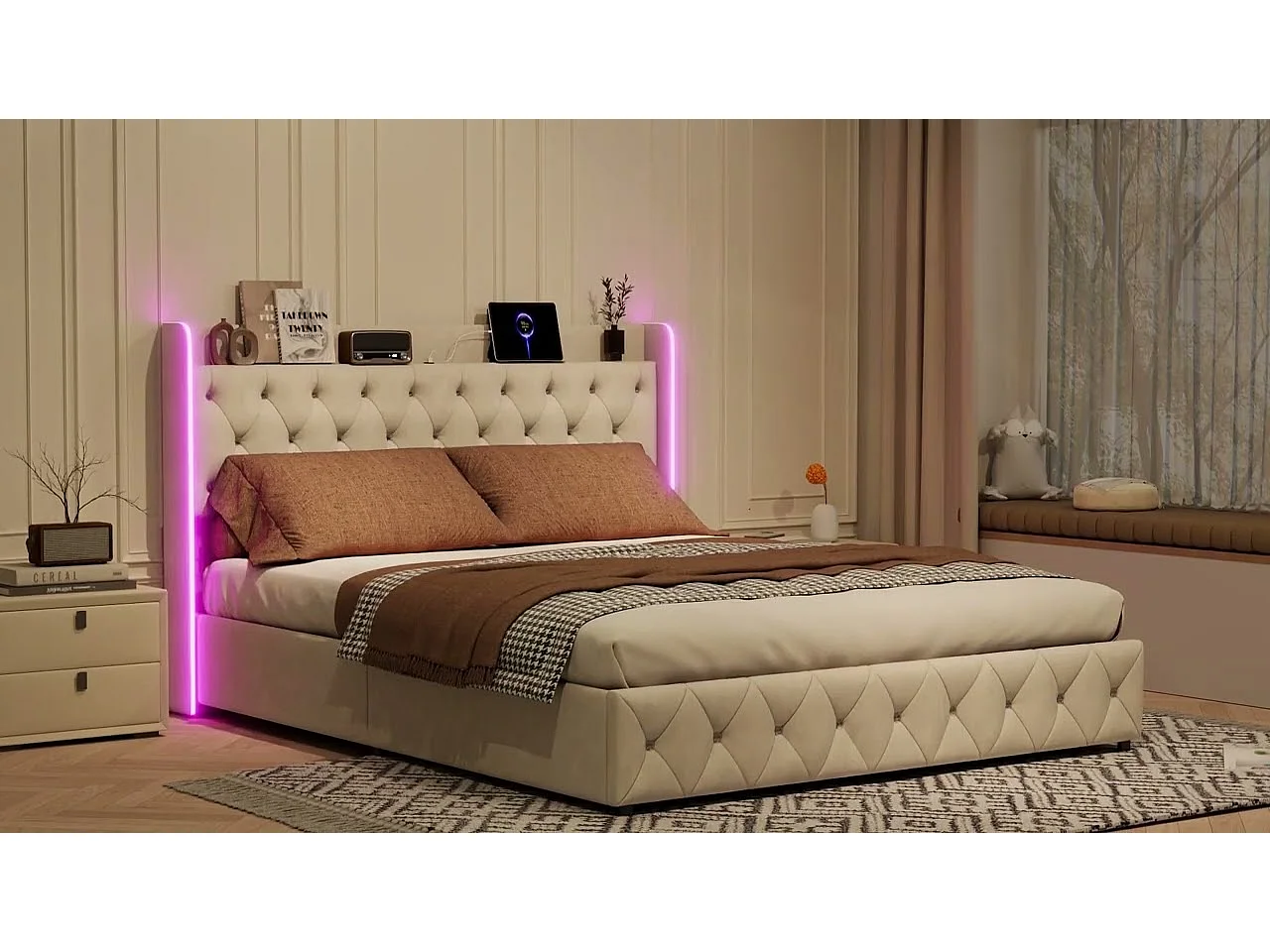 Lit Coffre 160 x 200 cm - LED - Recharge USB et Type-C - Velours - Beige - Lit Double Rembourré avec Rangement et Tete de lit
