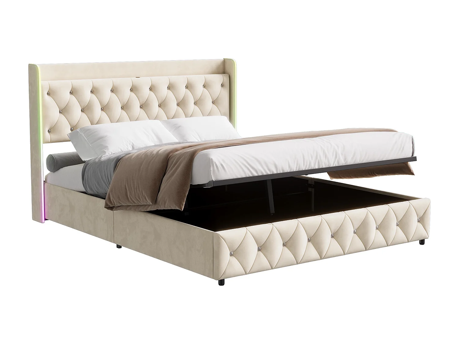 Opbergbed 160 x 200 cm - LED-verlichting - USB- en Type-C-oplaadmogelijkheid - Fluweel - Beige - Gestoffeerd tweepersoonsbed met opbergruimte en hoofdbord