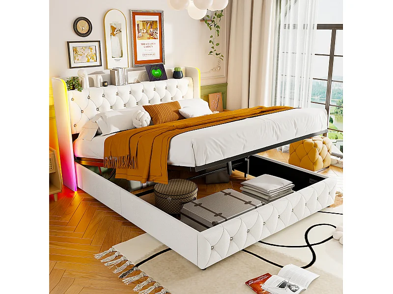 Lit Coffre 160 x 200 cm - LED - Recharge USB et Type-C - Velours - Beige - Lit Double Rembourré avec Rangement et Tete de lit