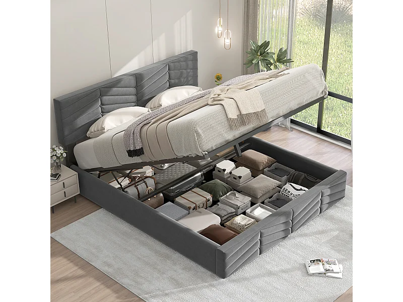 Lit coffre double 140 x 190 cm, lit continental, tête de lit réglable en hauteur, velours gris, sans matelas