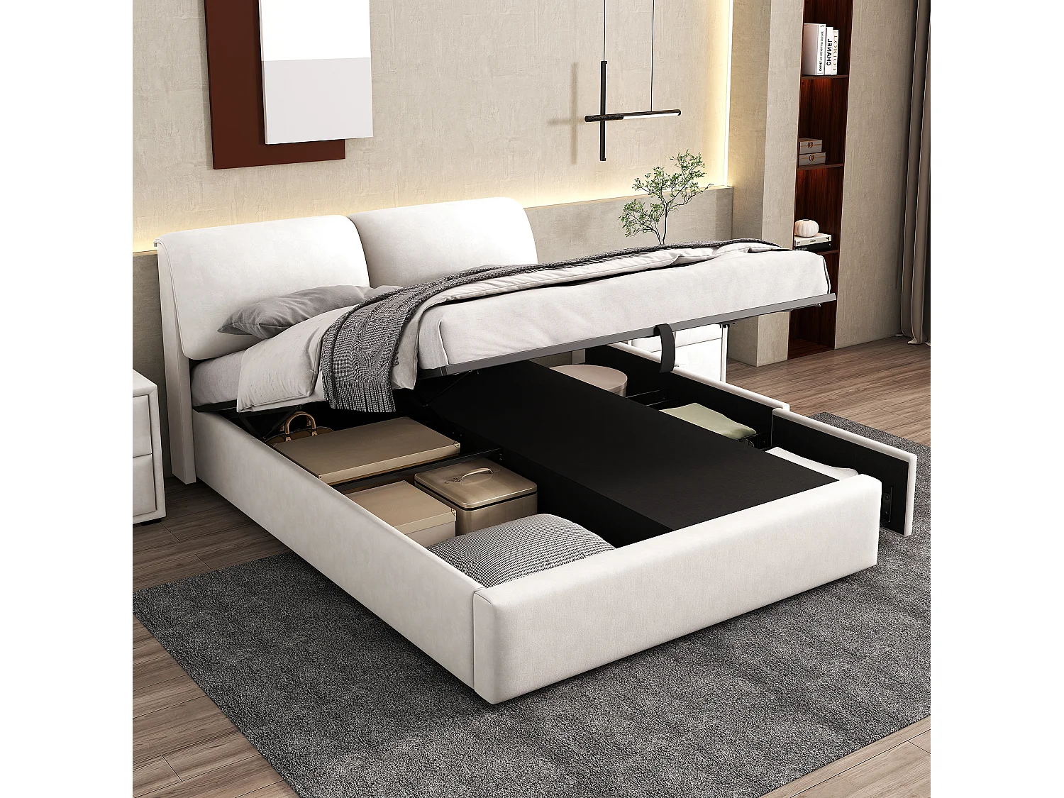 Lit coffre moderne 140 x 190 cm, 3 tiroirs, sommier à lattes, tête de lit, velours beige, sans matelas