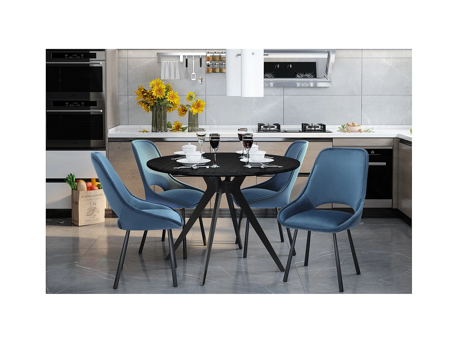 Eliza | Chaise de salle à manger en velours bleu foncé avec pieds en métal noir - Lot de 2