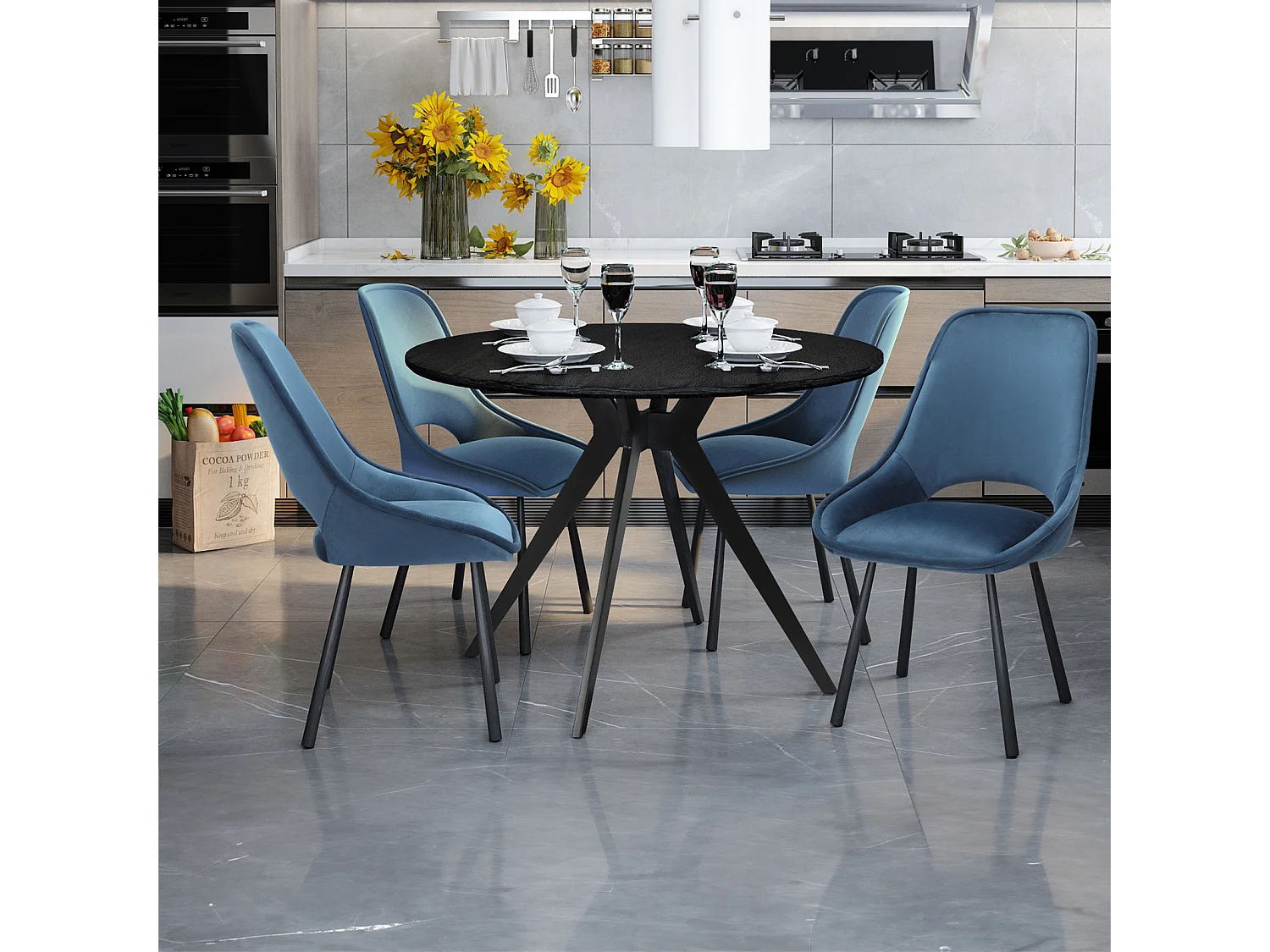 Eliza | Chaise de salle à manger en velours bleu foncé avec pieds en métal noir - Lot de 2