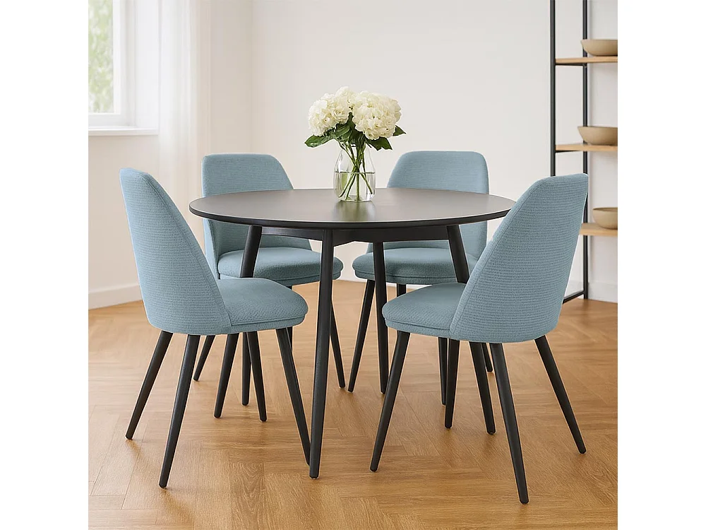 Chaise de salle à manger Kety en microfibre bleu clair avec pieds en métal noir