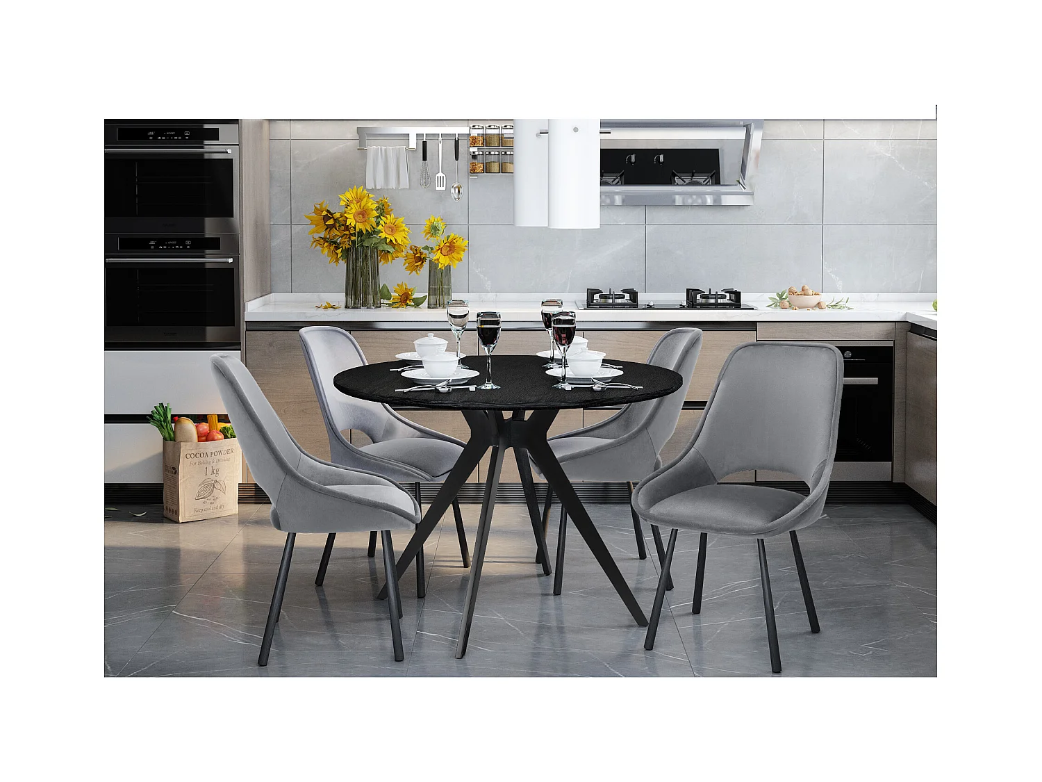 Eliza | Eetkamerstoel in lichtgrijs fluweel met zwarte metalen poten - Set van 2
