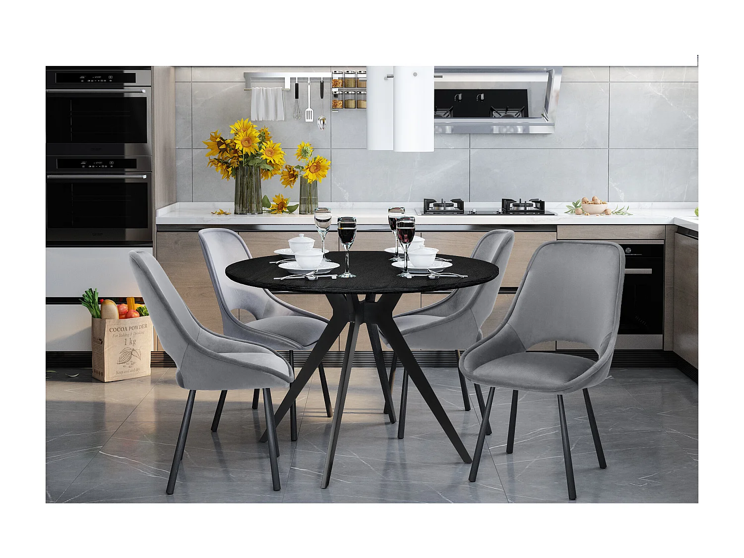 Eliza | Chaise de salle à manger en velours gris clair avec pieds en métal noir - Lot de 2