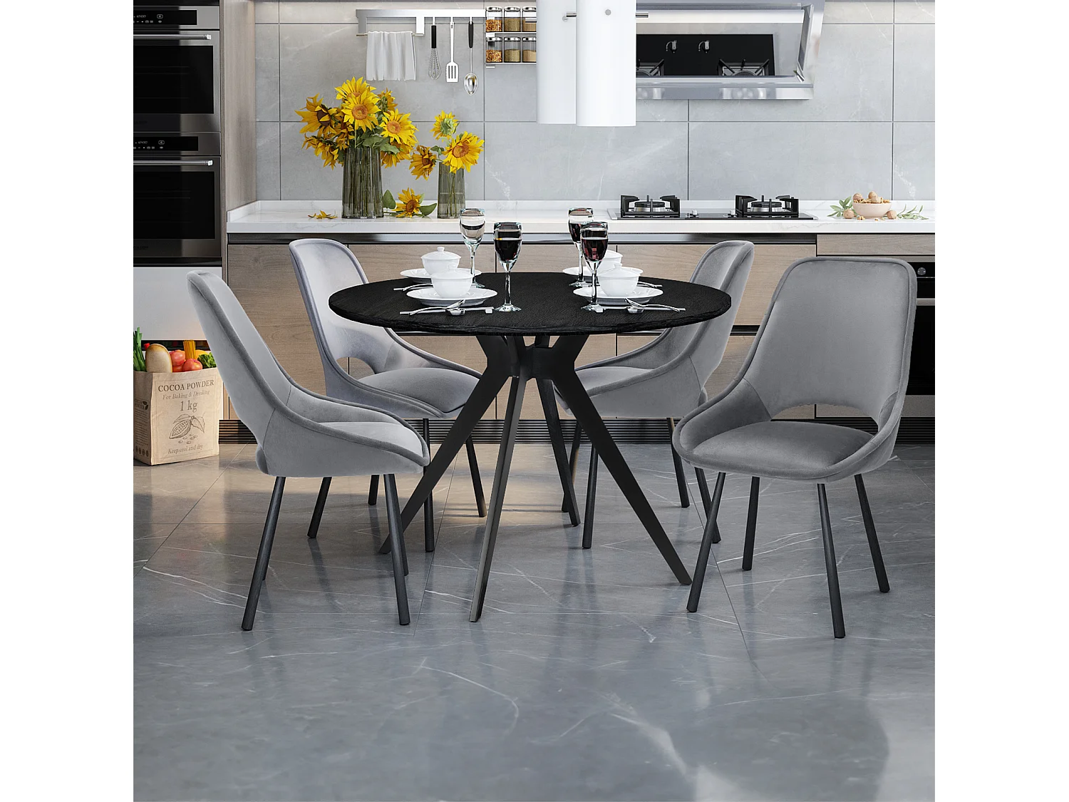 Eliza | Chaise de salle à manger en velours gris clair avec pieds en métal noir - Lot de 2