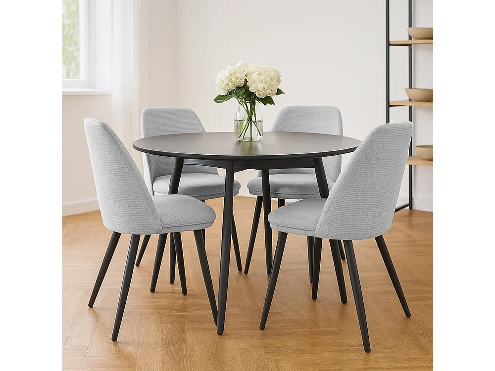 Kety eetkamerstoel in lichtgrijze microvezel met zwarte metalen poten